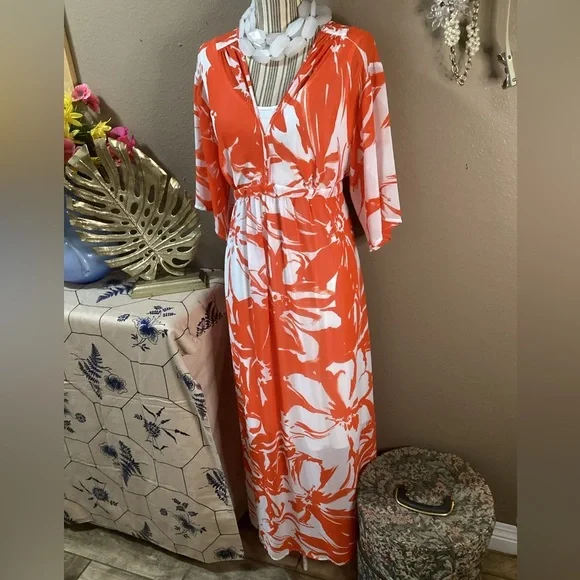Nina Leonard Orange and White Floral Maxi Dress - Picture 3 of 16